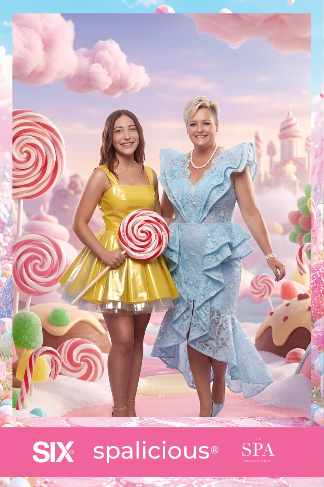 Guests in blue and yellow Candyland outfits